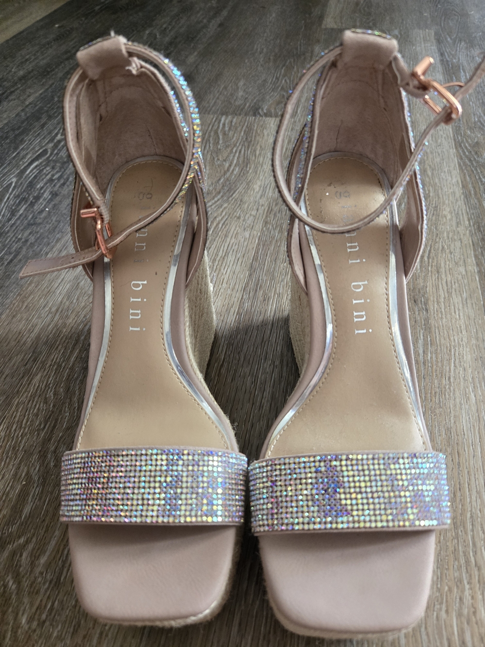 Gianni Bini Rose Gold Rhinestone Block Heel Sandals - Picture 2 of 6